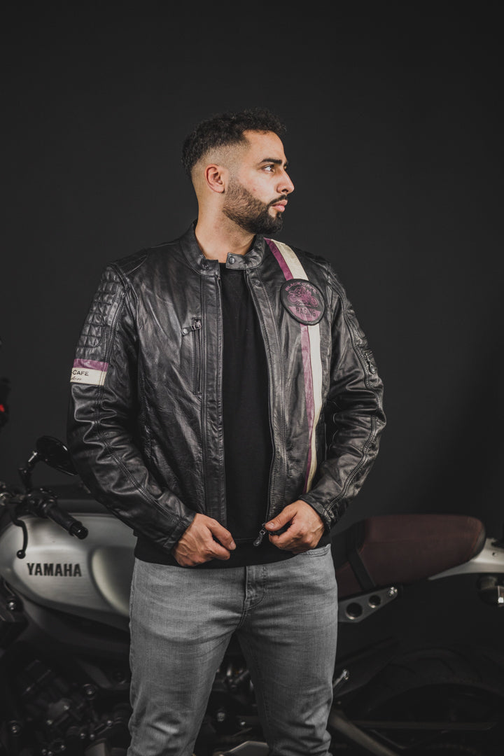 Black-Cafe London Barcelona Motorcycle Leather Jacket#color_black