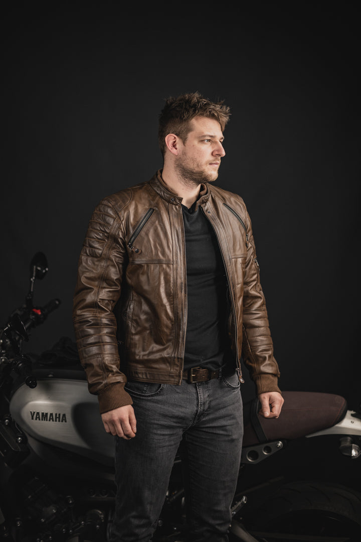 Black-Cafe London Ghom Motorcycle Leather Jacket#color_brown