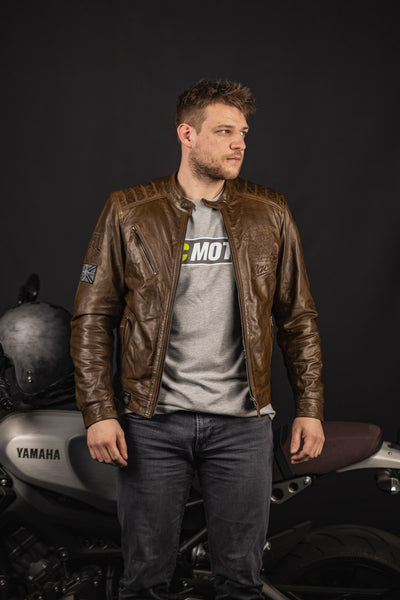 Black Cafe London Houston Motorcycle Leather Jacket#color_dark-brown