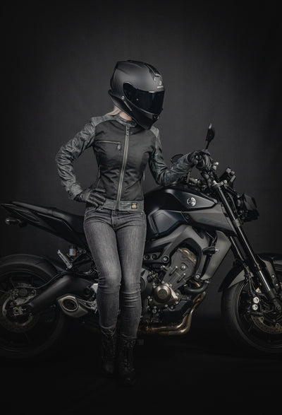 Black-Cafe London Johannesburg Ladies Motorcycle Leather / Textile Jacket#color_black-grey