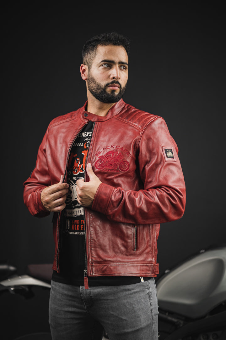 Black-Cafe London Bangkok Motorcycle Leather Jacket#color_red