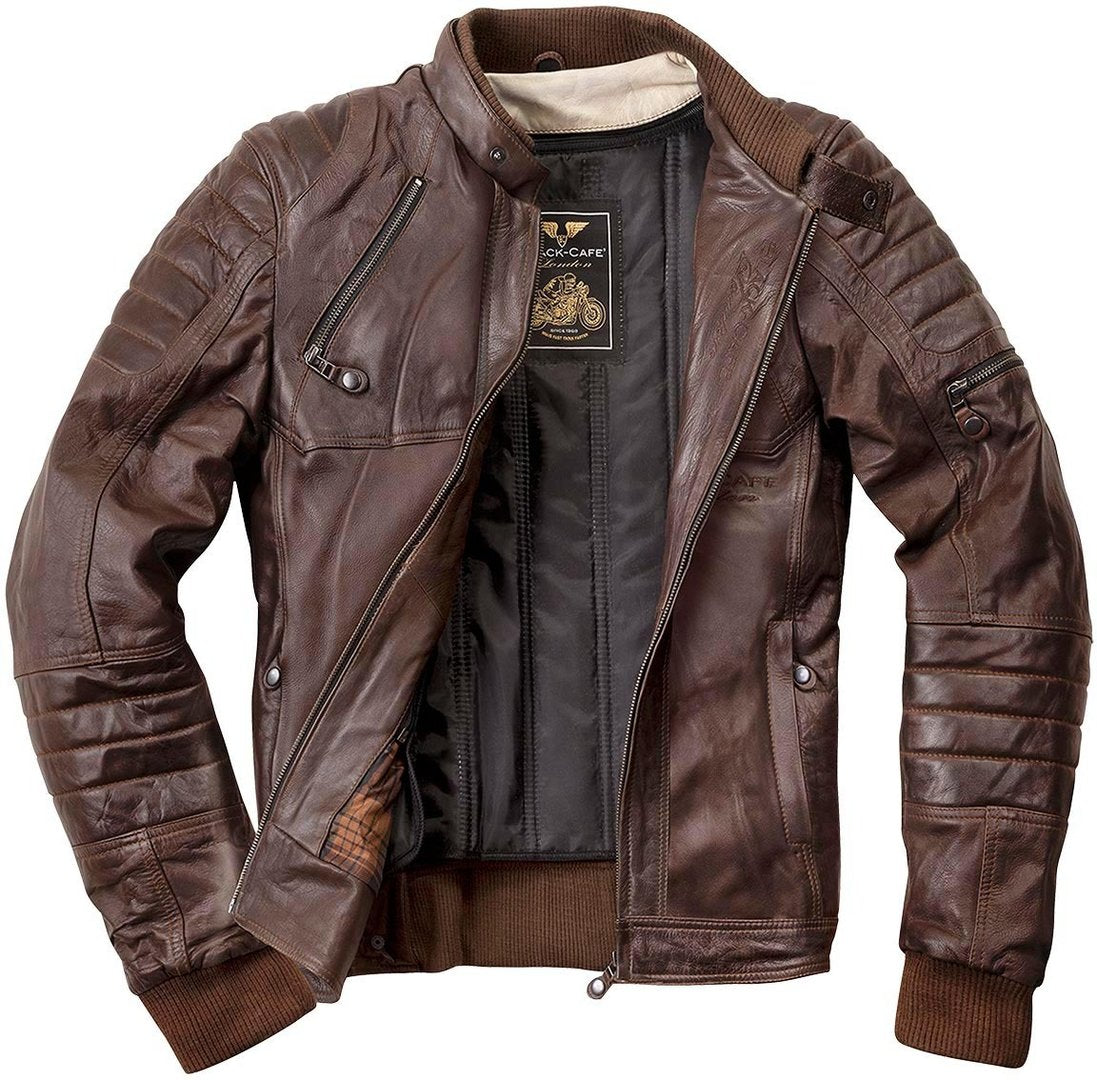 Black-Cafe London Ghom Motorcycle Leather Jacket#color_brown
