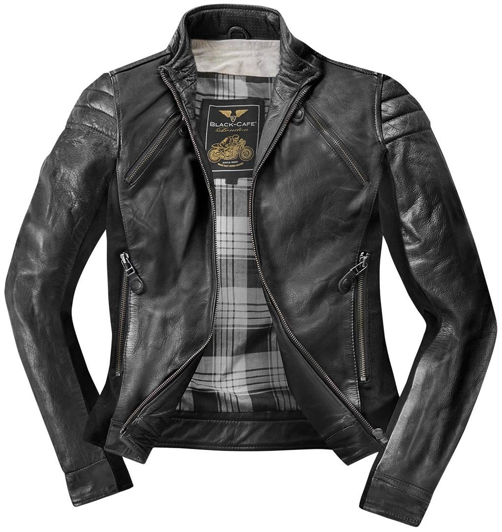 Black-Cafe London Semnan Ladies Motorcycle Leather Jacket#color_black