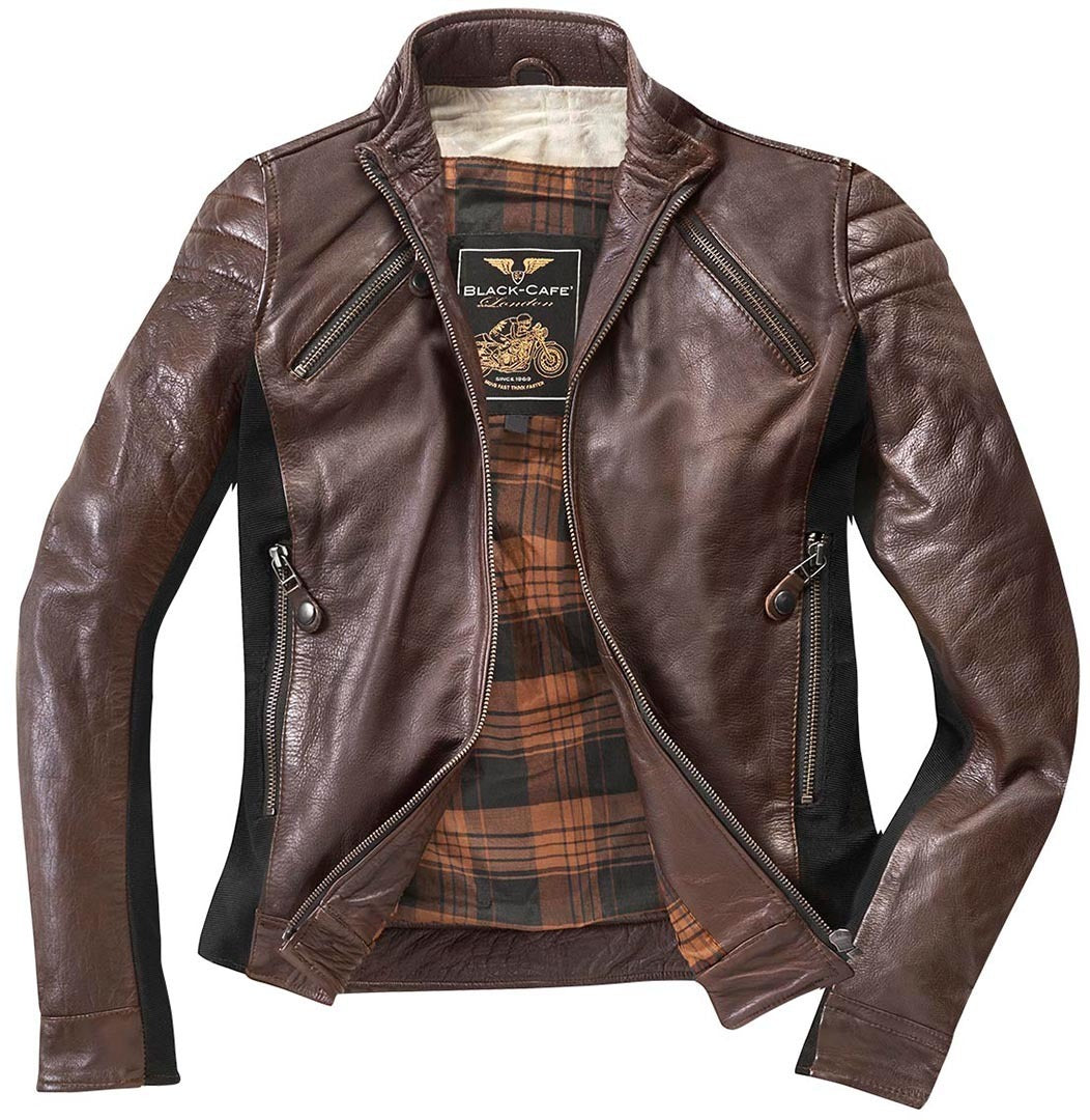 Black-Cafe London Semnan Ladies Motorcycle Leather Jacket#color_brown