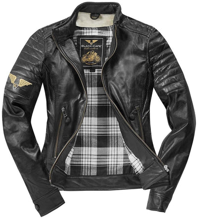 Black-Cafe London Ilam Ladies Motorcycle Leather Jacket#color_black