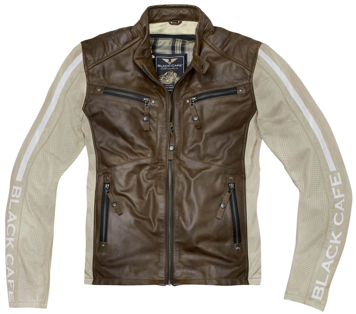 Black-Cafe London Toronto Motorcycle Leather Jacket#color_white-dark-brown