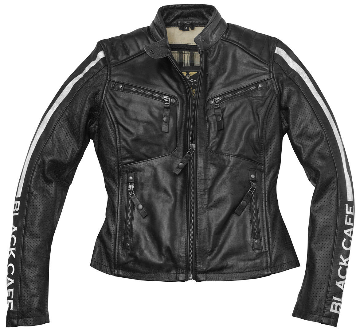 Black-Cafe London Toronto Ladies Motorcycle Leather Jacket#color_black-white