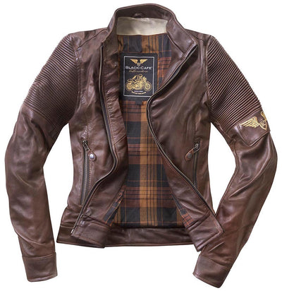 Black-Cafe London Amol Ladies Motorcycle Leather Jacket#color_brown