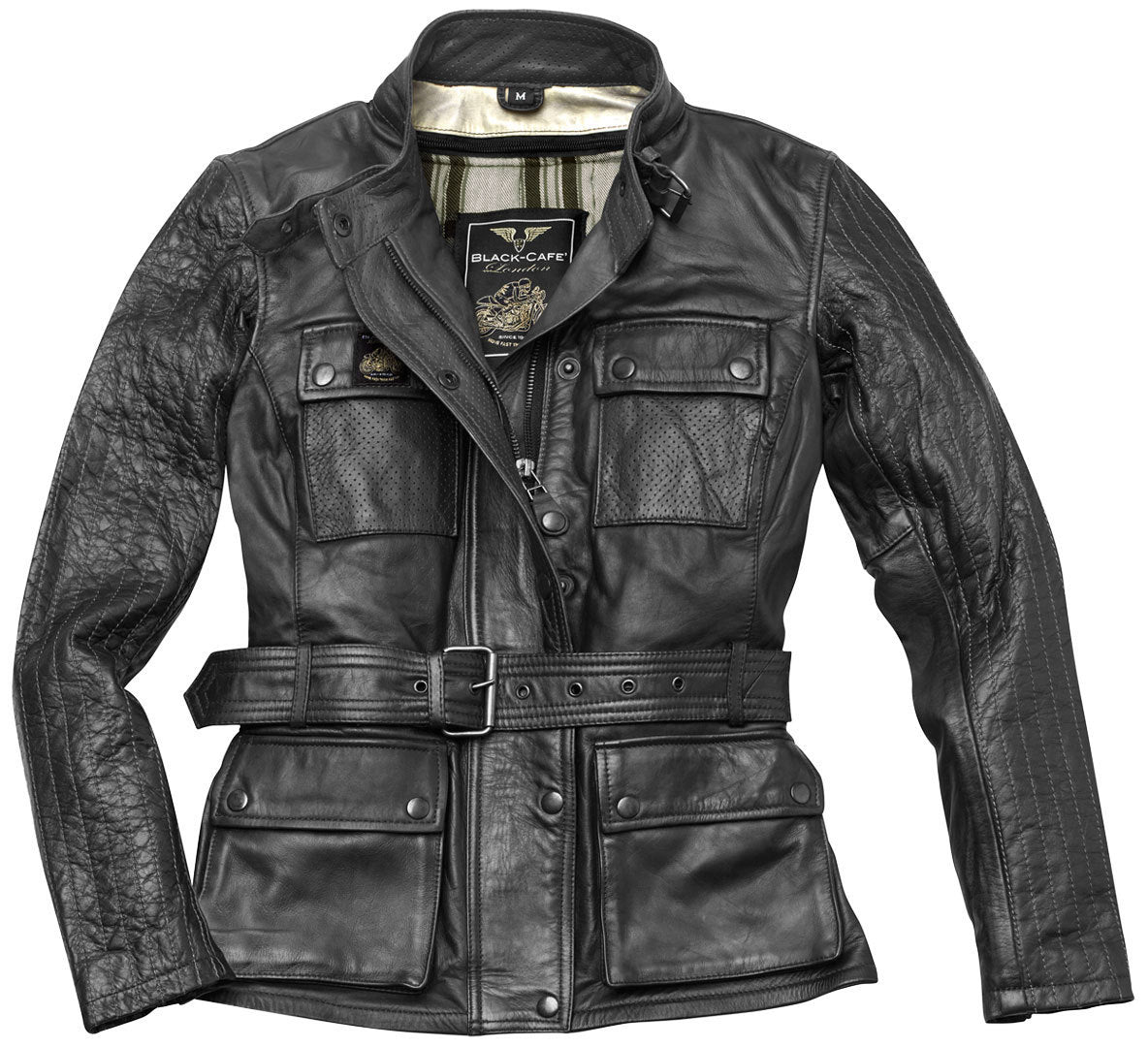 Black-Cafe London Madrid Ladies Motorcycle Leather Jacket#color_black