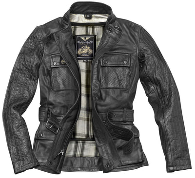 Black-Cafe London Madrid Ladies Motorcycle Leather Jacket#color_black