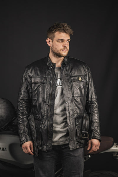 Black-Cafe London Madrid Motorcycle Leather Jacket#color_black